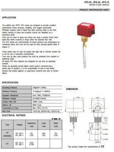 Thông số kỹ thuật của công tắc dòng chảy HFS15